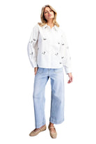 ee:some Women's White Embroidered Duck Button Down Shirt 