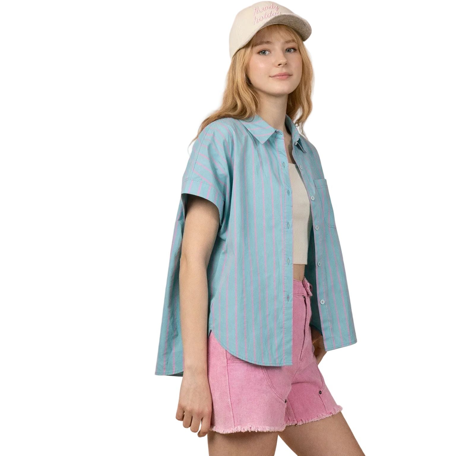 Women's Mint Striped Oversized Striped Button Down Casual Shirt Top NT12495