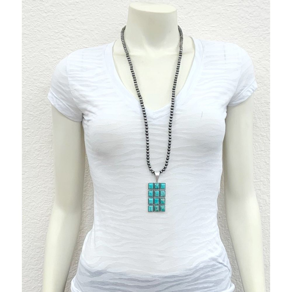 Women's Isac 30" Long 6mm Navajo Bead Necklace Navajo Turquoise Pendant 