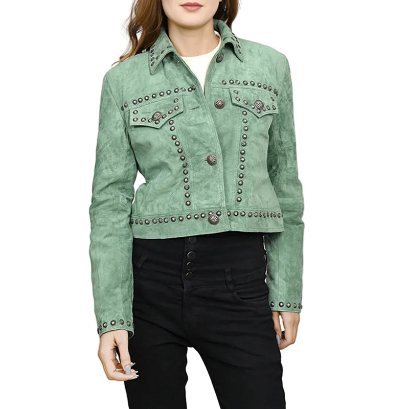 Women's American Darling Genuine Leather Olive Concho Jacket ADJKT041