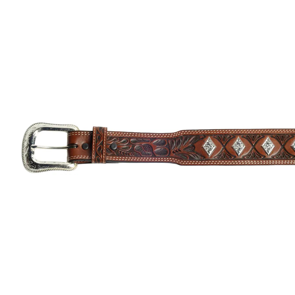 Men's Cowboy Chrome Brown Floral Tooled Belt with Diamond Conchos 1605