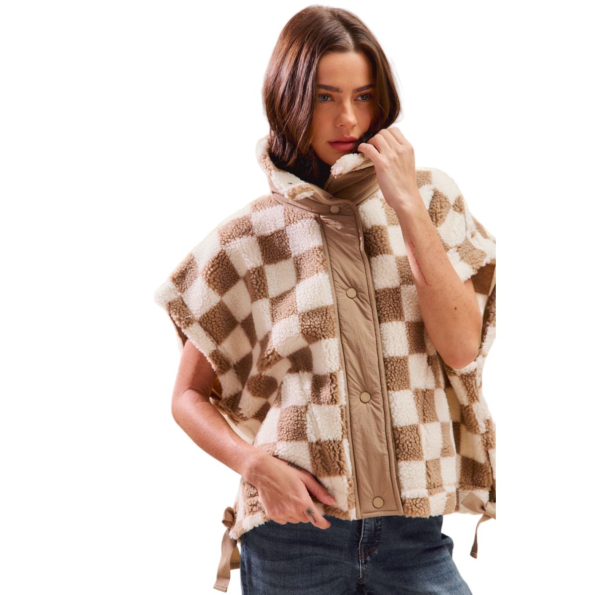 Women's Oversized Sherpa Fleece Checker Vest Jacket ST2049F