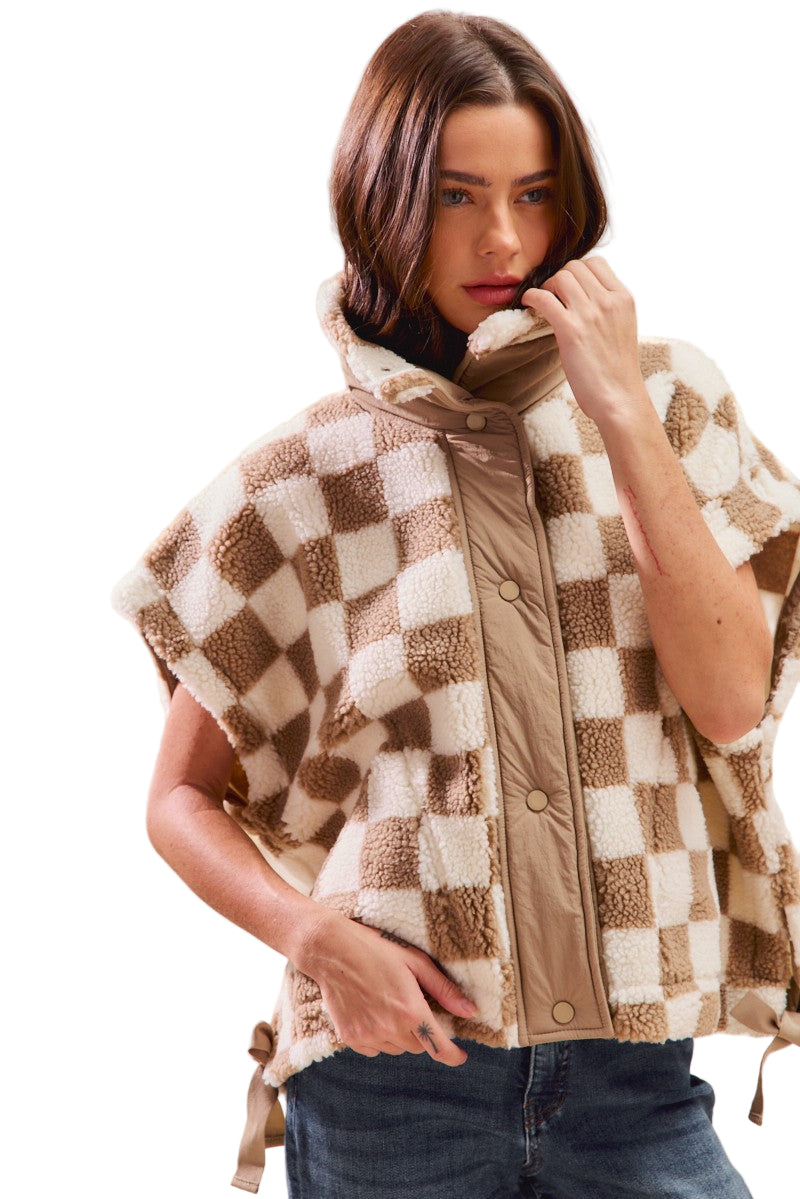 Women's Oversized Sherpa Fleece Checker Vest Jacket ST2049F
