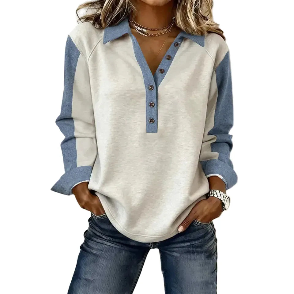 Women's Gray and Denim Block Long Sleeve Polo