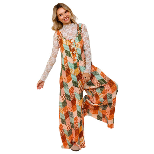 Women's Button Down Loose Jumpsuit W/ Side Pockets HR7222B