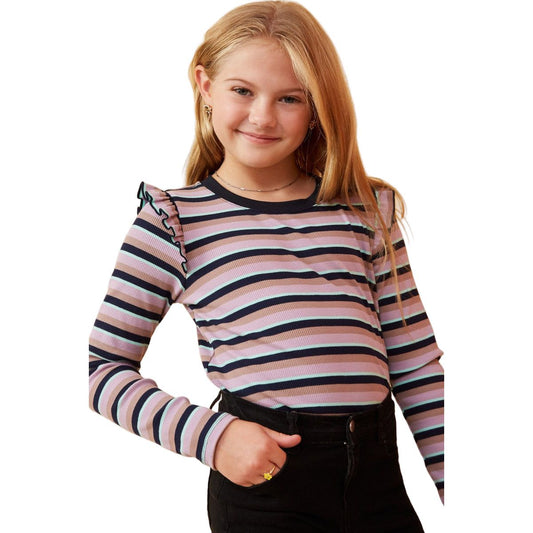 Girls Contrast Neck Band Striped Knit Top GK1436