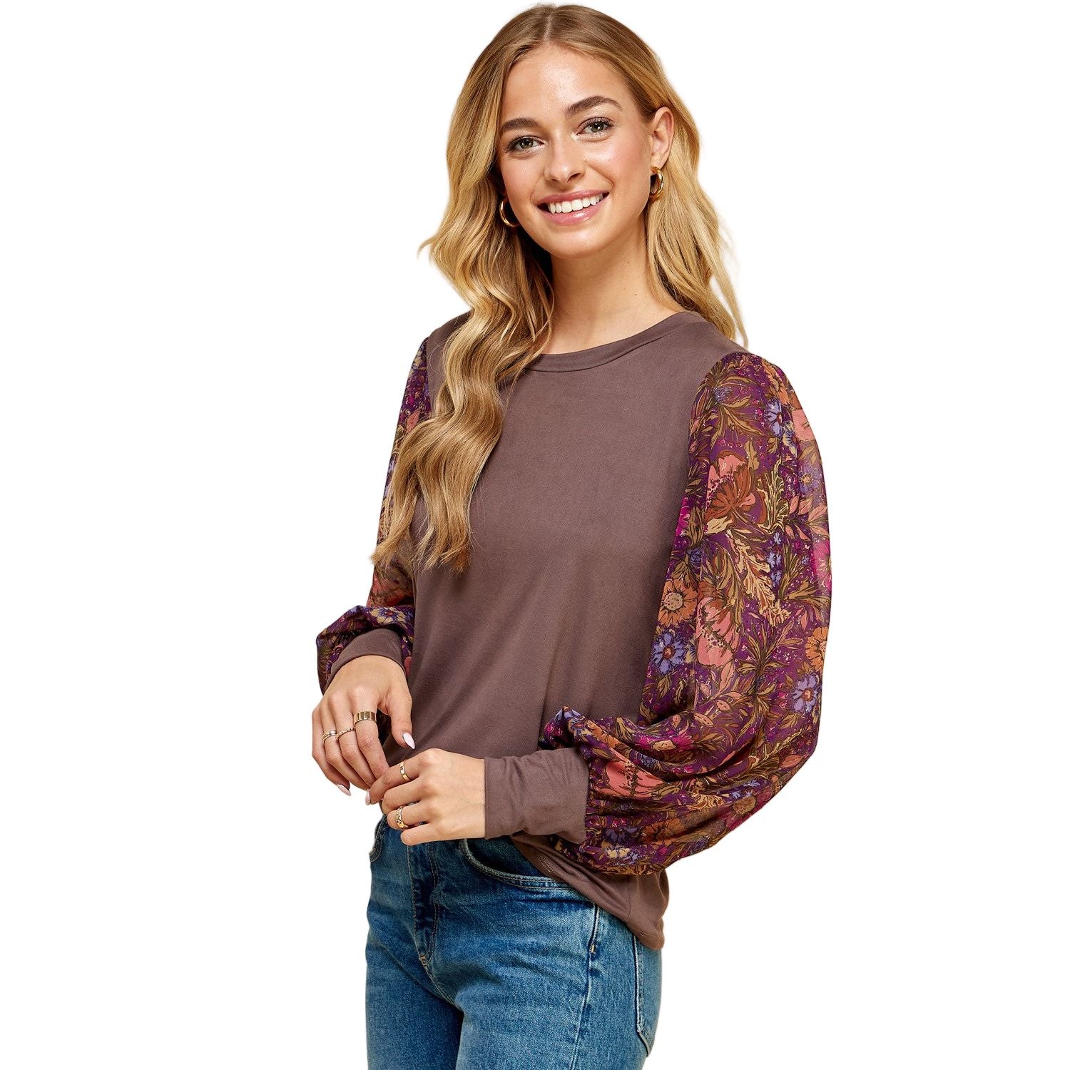 Women's Espresso Solid Top With Printed Floral Sleeves T1515