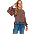 Women's Espresso Solid Top With Printed Floral Sleeves T1515