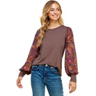 Women's Espresso Solid Top With Printed Floral Sleeves T1515