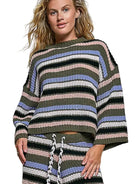Women's Olive Multi Striped Pattern Round Neck Chenille Sweater Top