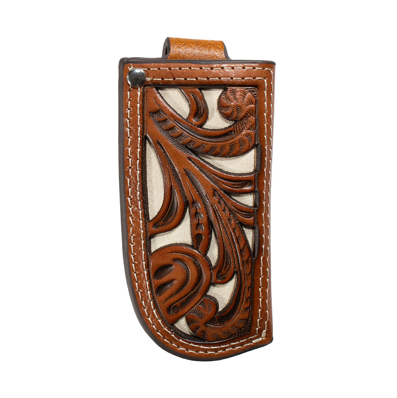 Men's Tooled Leather Knife Sheath with Off White Underlay