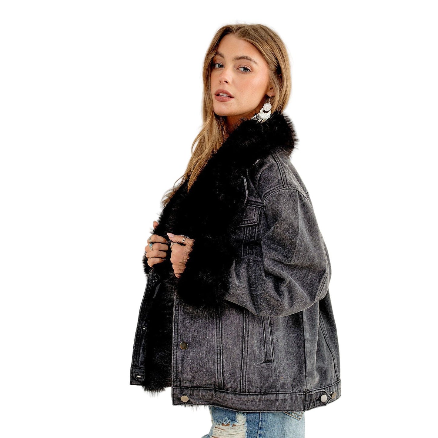 Women's Fur Collard Cuff Over Sized Denim Jacket 15121J