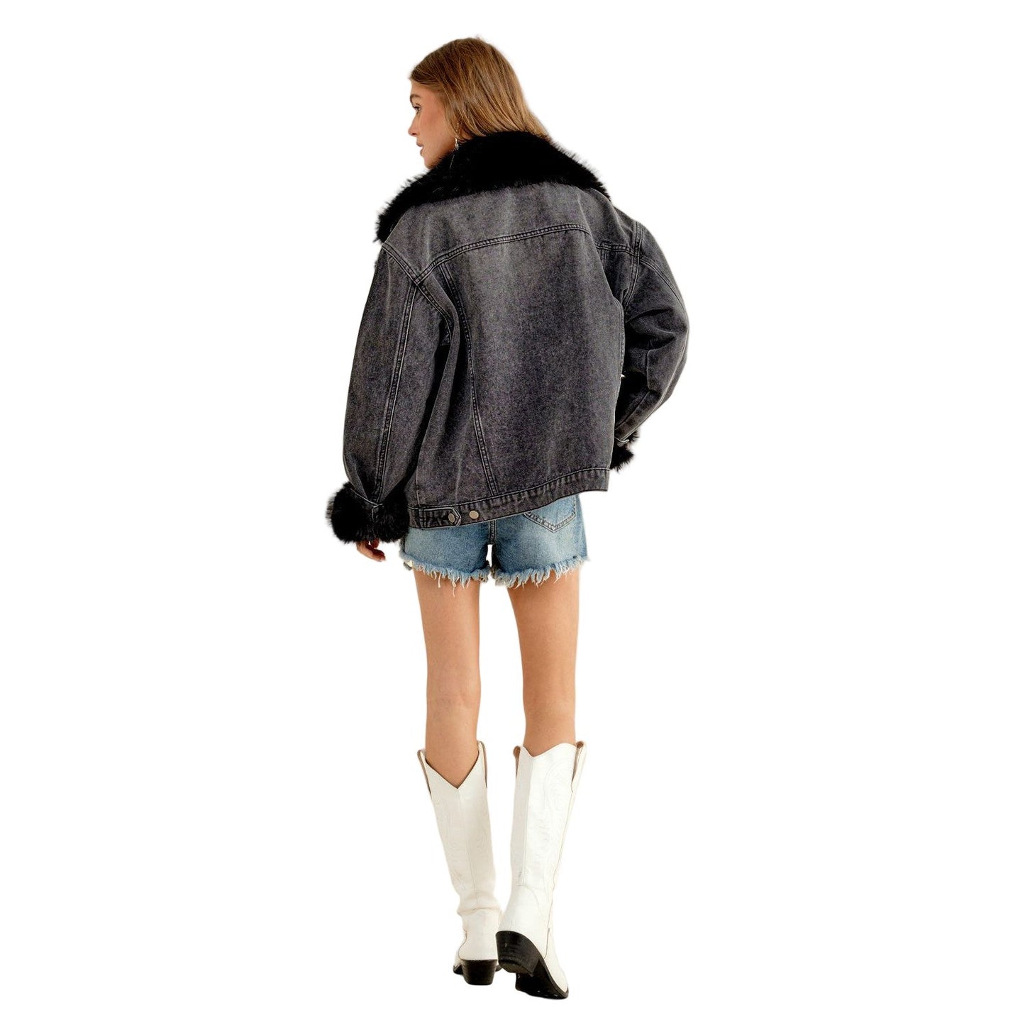 Women's Fur Collard Cuff Over Sized Denim Jacket 15121J