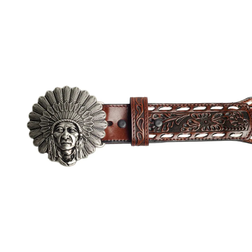 Women's Cowboy Chrome Indian Head Buckle With Buck Stitch and Rainbow Indian Beads 1895