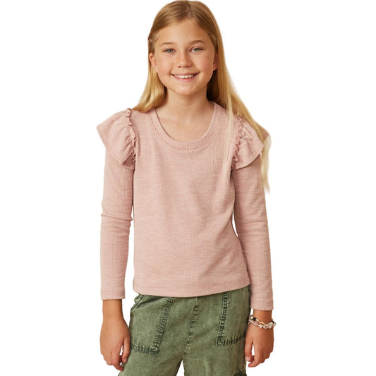 Girls Marled Textured Ruffle Scoop Neck Knit Top GY7616