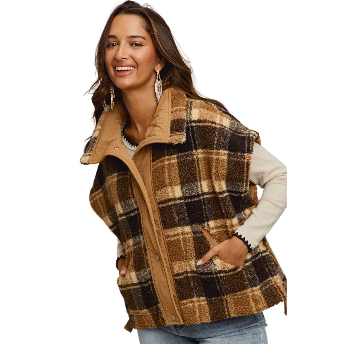 Women's Oversized Sherpa Fleece Checker Vest Jacket ST2049F