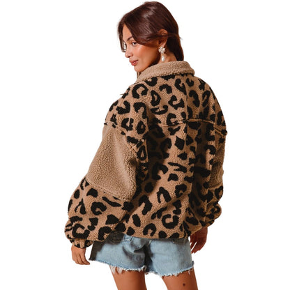 Women's Leopard Fleece Block Pullover Top With Pockets 