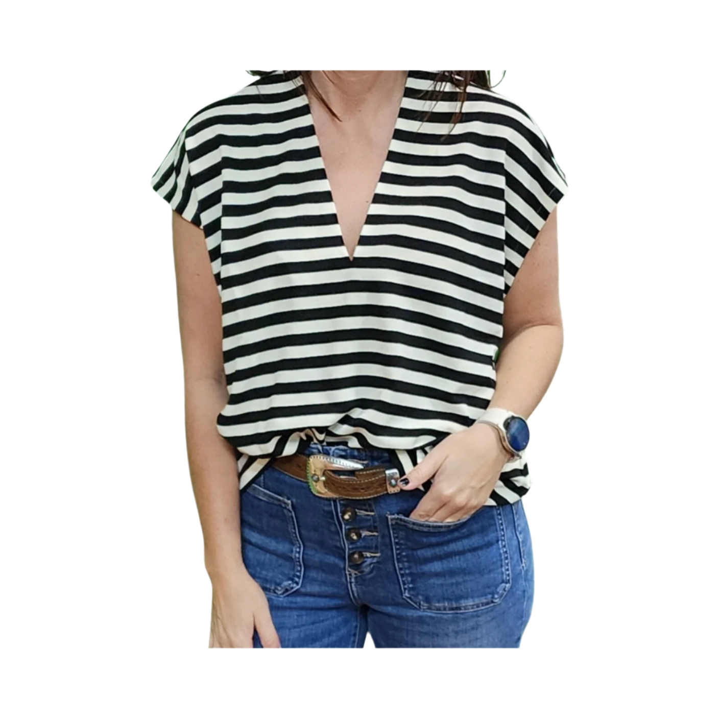 Glam Striped V Neck S/S Top - Crazy House Western Wear