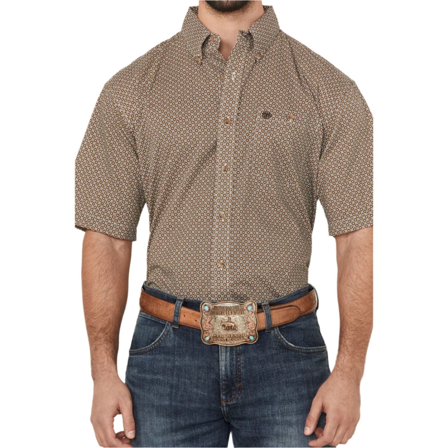 Men's Wrangler Geo Print Short Sleeve Button-Down Stretch Western Shirt 112366982 - Crazy House Western Wear