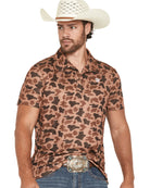 Rock and Roll Denim Camo Print Short Sleeve Button-Down Stretch Polo Shirt BM51T07687