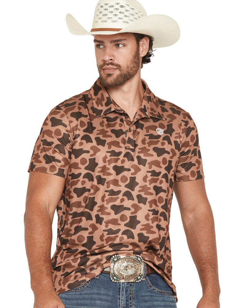 Rock and Roll Denim Camo Print Short Sleeve Button-Down Stretch Polo Shirt BM51T07687