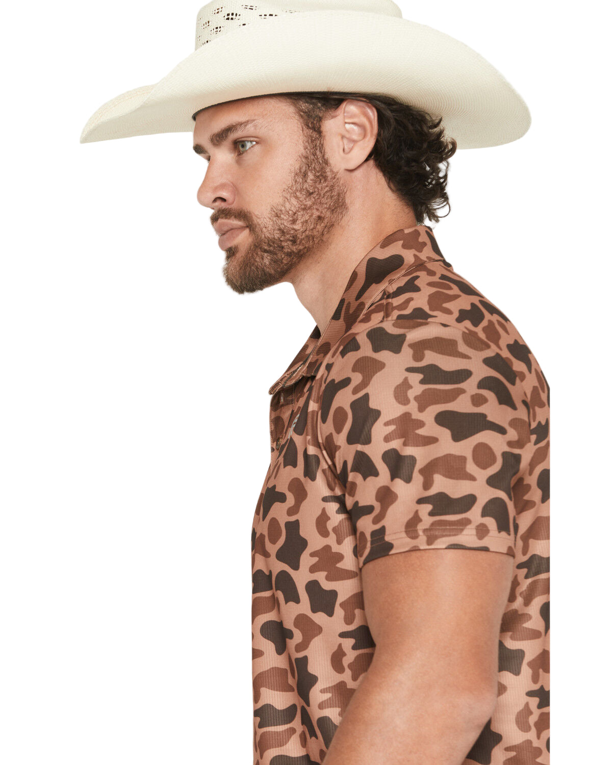 Rock and Roll Denim Camo Print Short Sleeve Button-Down Stretch Polo Shirt BM51T07687