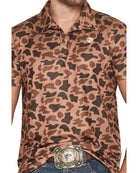 Rock and Roll Denim Camo Print Short Sleeve Button-Down Stretch Polo Shirt BM51T07687