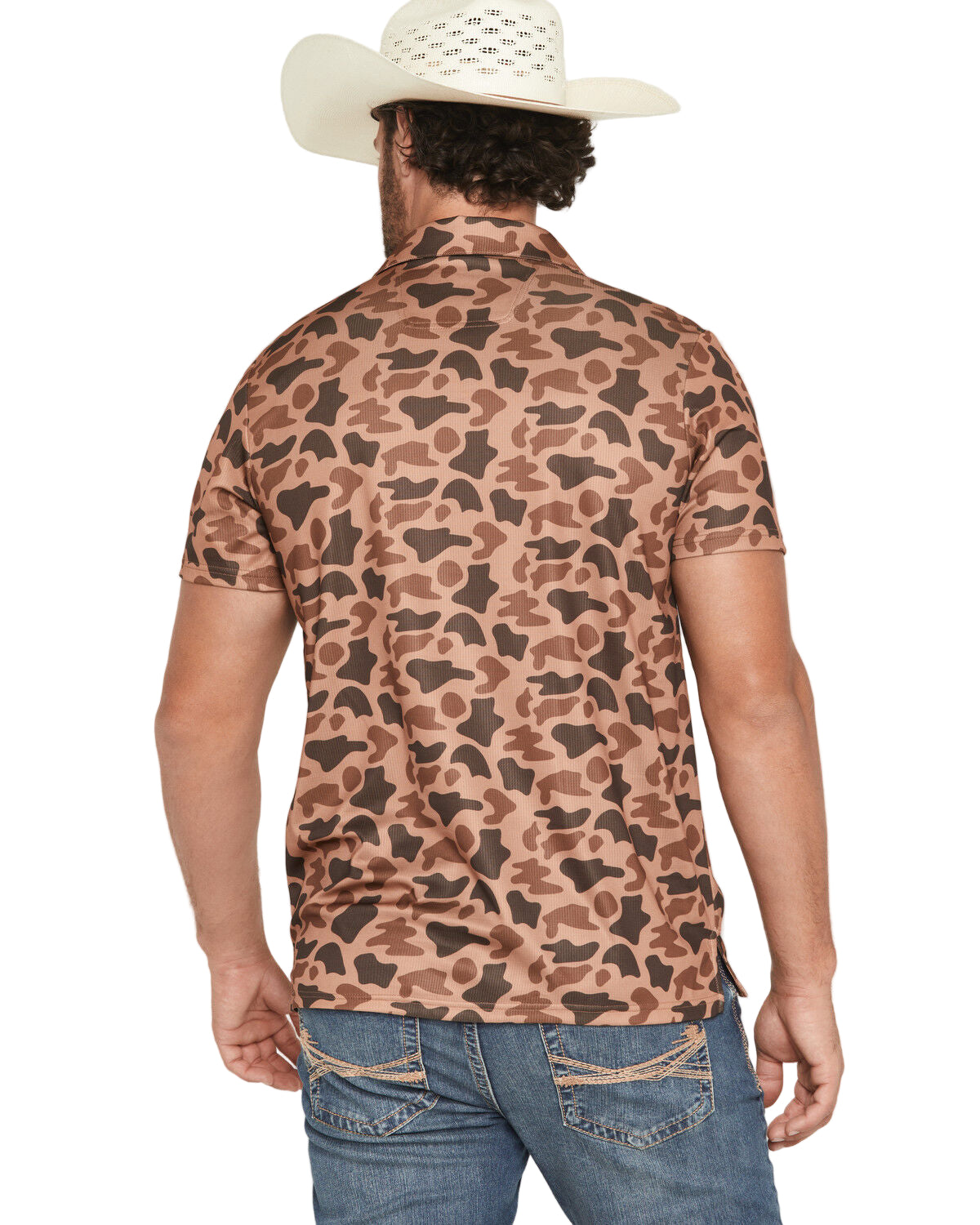 Rock and Roll Denim Camo Print Short Sleeve Button-Down Stretch Polo Shirt BM51T07687