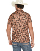 Rock and Roll Denim Camo Print Short Sleeve Button-Down Stretch Polo Shirt BM51T07687