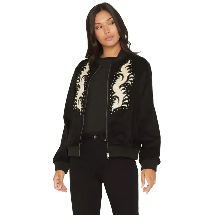 Women's Rock & Roll Denim Microsuede Studded Bomber Jacket BW92C07786