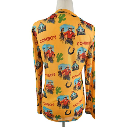 Women's Vintage Cowboy Mesh Top - Crazy House Western Wear