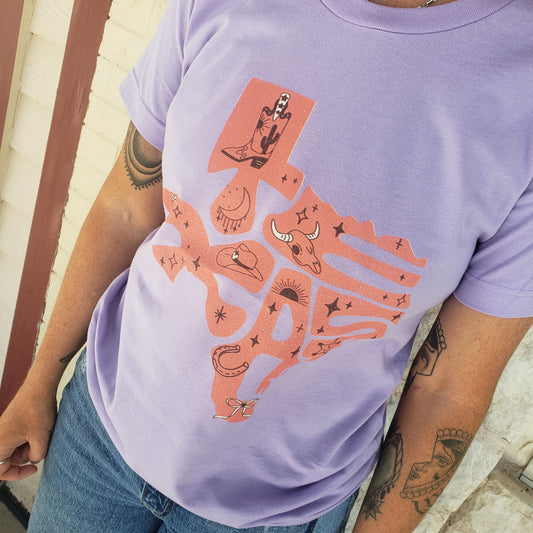 Women's Lavender Texas Shape T-shirt - Crazy House Western Wear