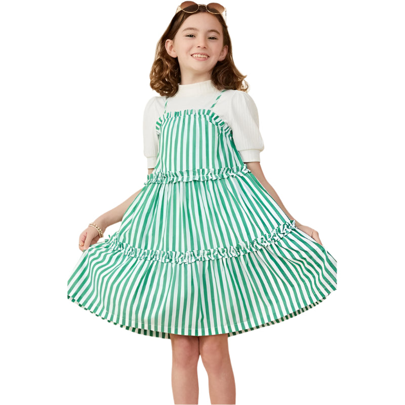 Girls Hayden Ruffle Trimmed Poplin Stripe Dress GY7999 - Crazy House Western Wear