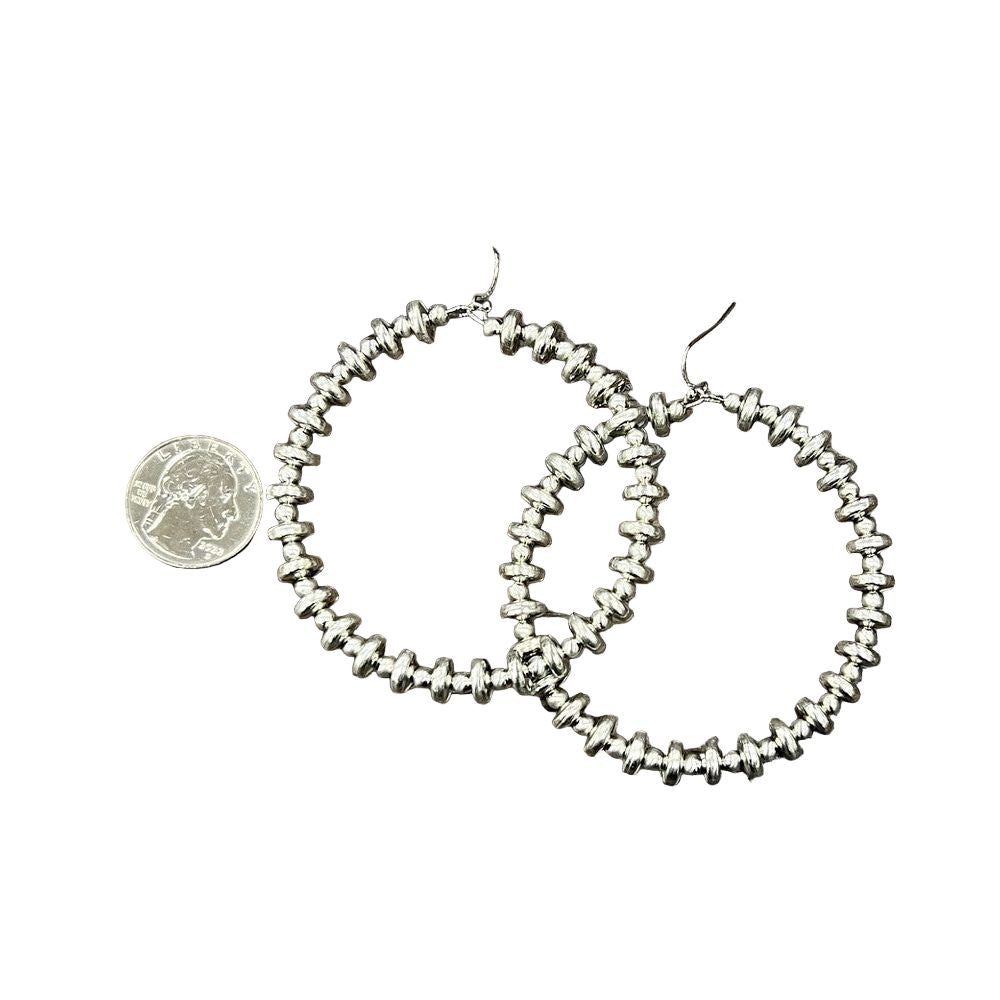 Women's Isac 2.5" Long Handmade Silver Navajo Bead Hoop Earrings 