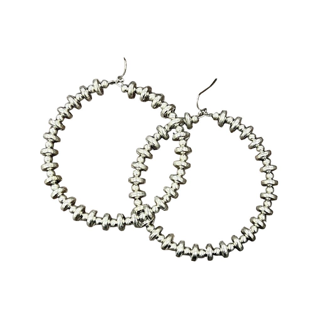 Women's Isac 2.5" Long Handmade Silver Navajo Bead Hoop Earrings 