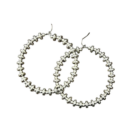 Women's Isac 2.5" Long Handmade Silver Navajo Bead Hoop Earrings 