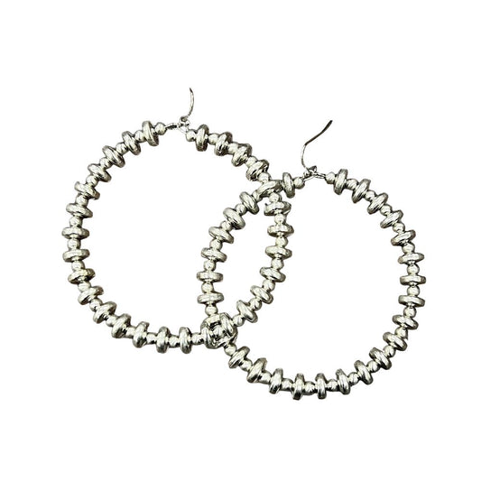 Women's Isac 2.5" Long Handmade Silver Navajo Bead Hoop Earrings 
