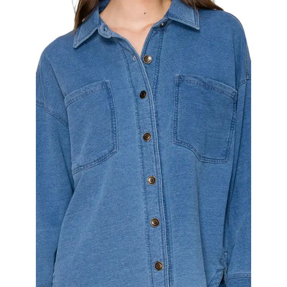Women's Denim Collared Long Sleeve Button Top IJ-10035