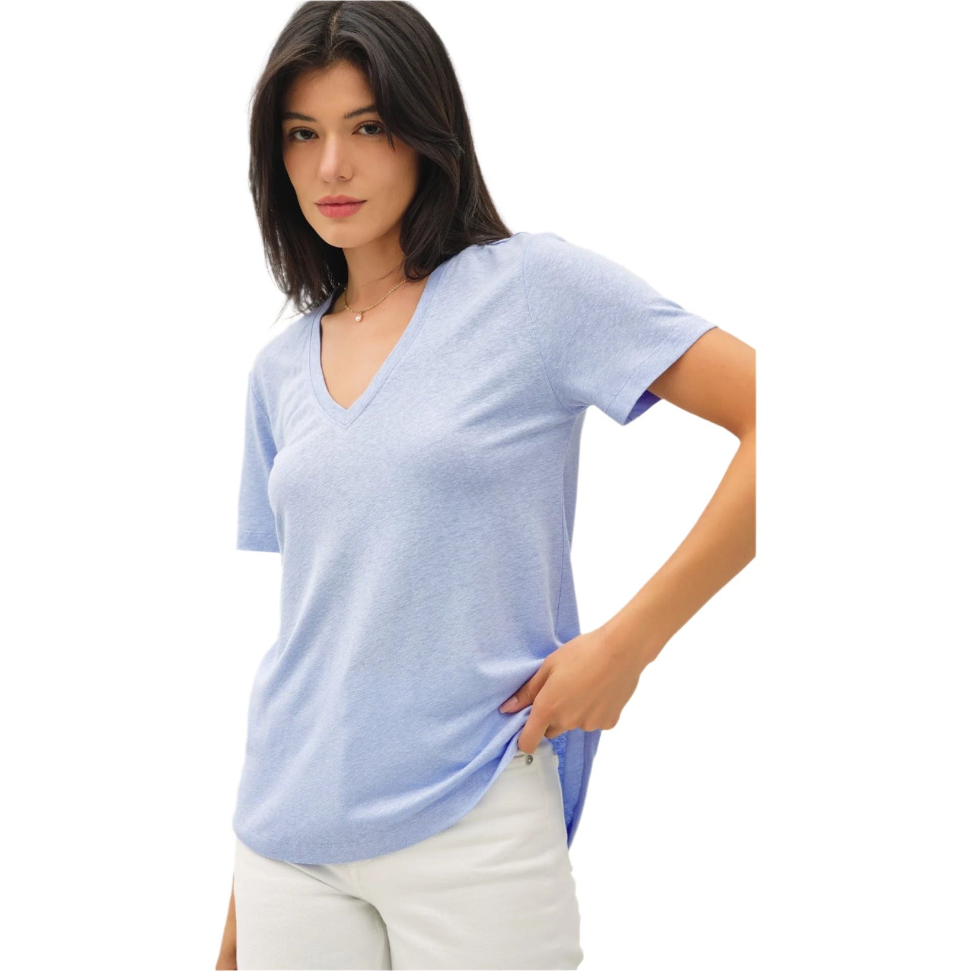 Women's Linen Basic V-Neck Short Sleeve T-shirt 19323 - Crazy House Western Wear