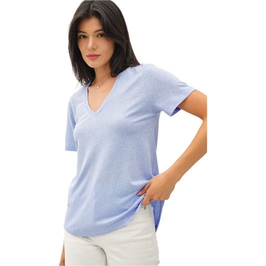 Women's Linen Basic V-Neck Short Sleeve T-shirt 19323