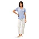 Women's Linen Basic V-Neck Short Sleeve T-shirt 19323 - Crazy House Western Wear