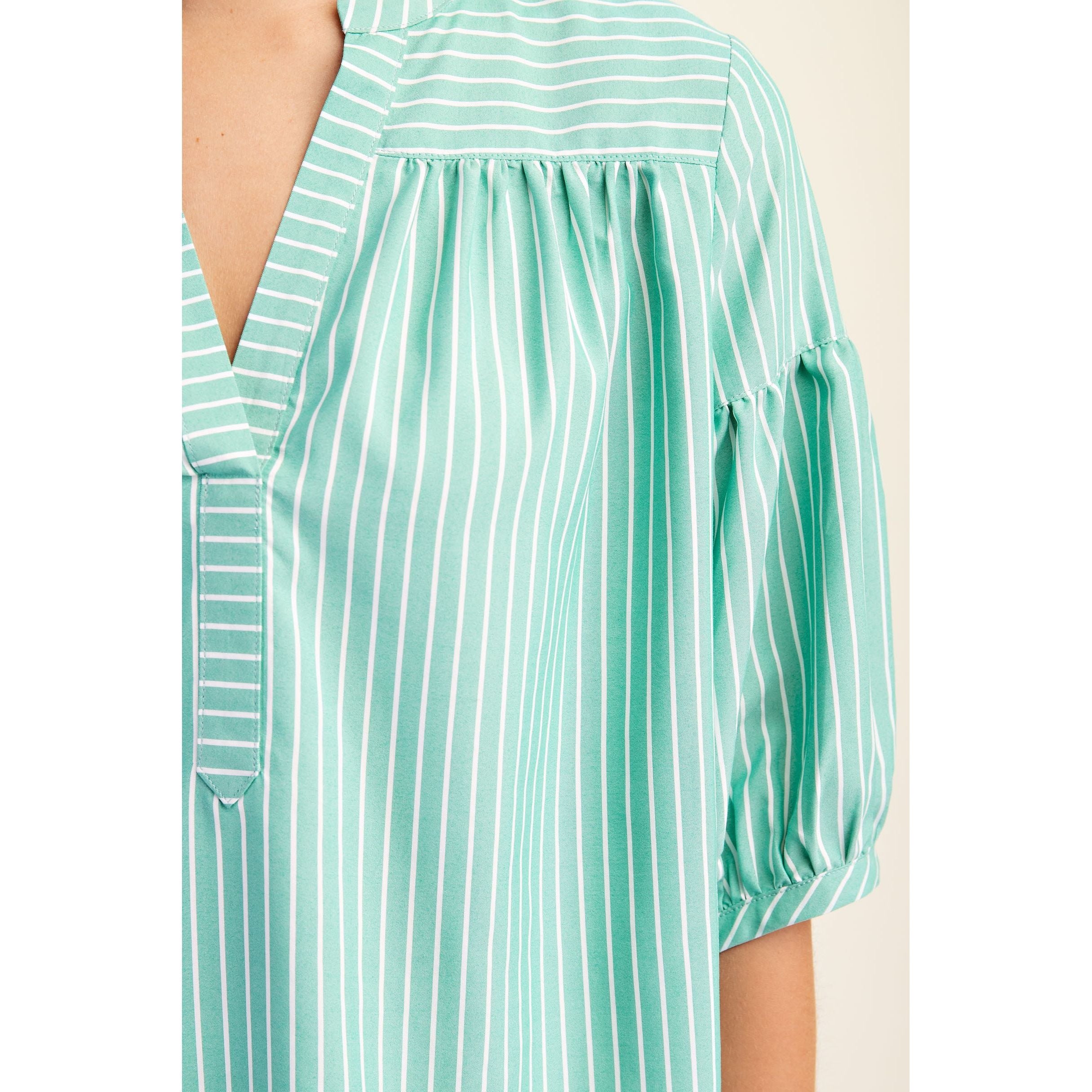 Women's Green Striped Blouse with Quarter Length Bubble Sleeves PM1085