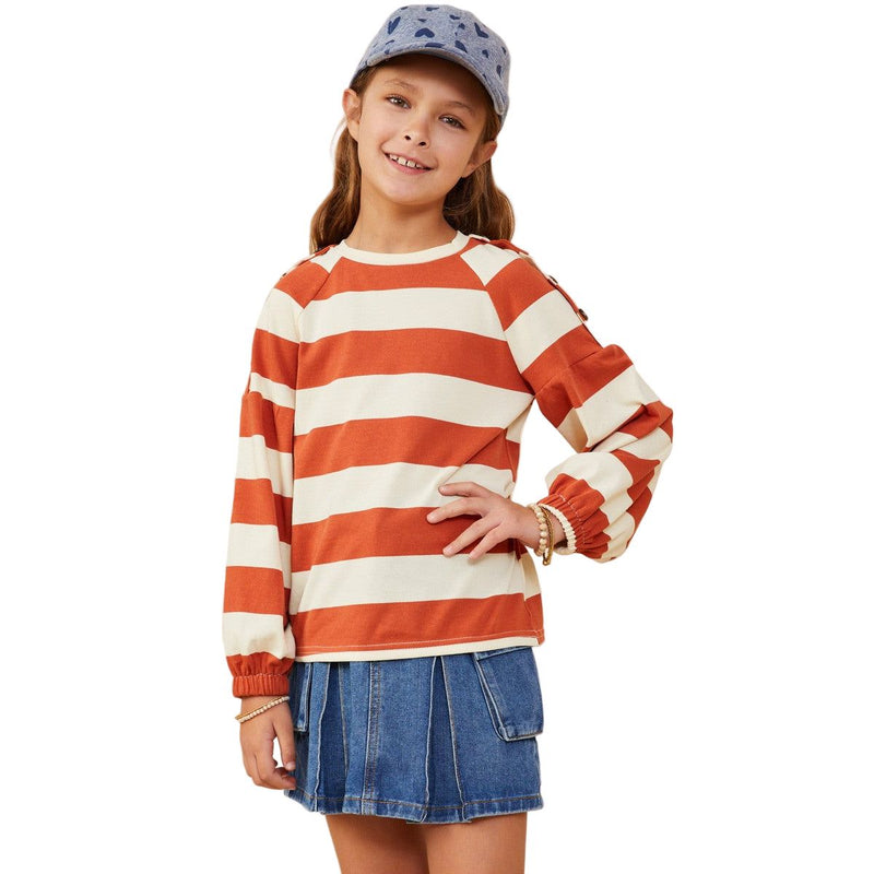 Girls Shoulder Button Detail Puff Sleeve Knit Top