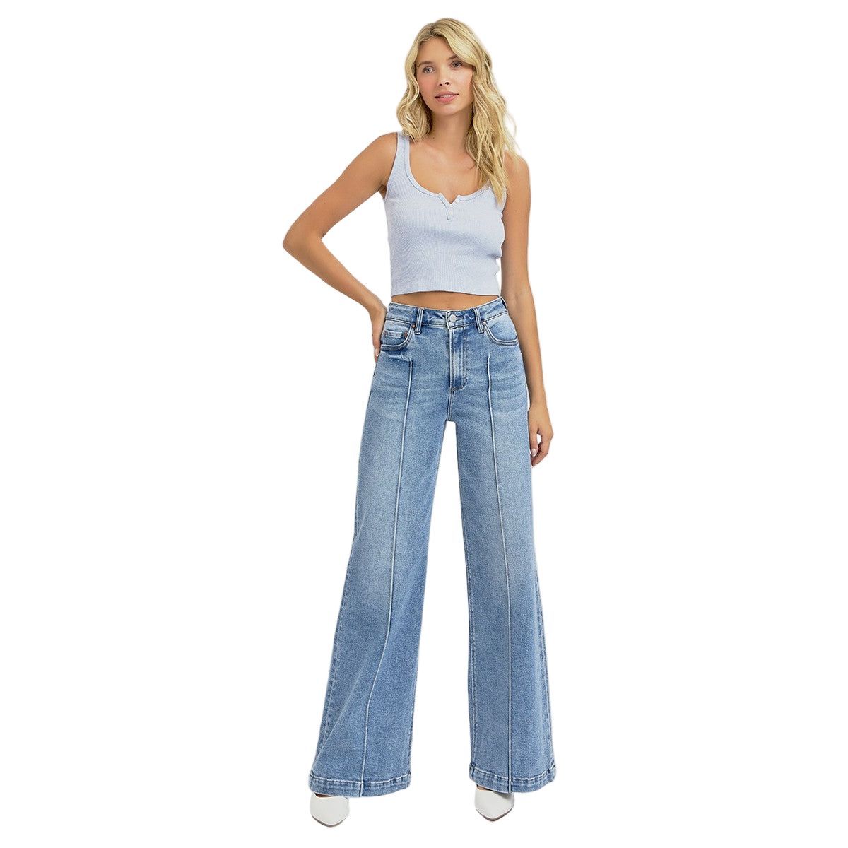 Women's Risen High Waist Wide Leg Pintuck Detailed Jeans RDP5989
