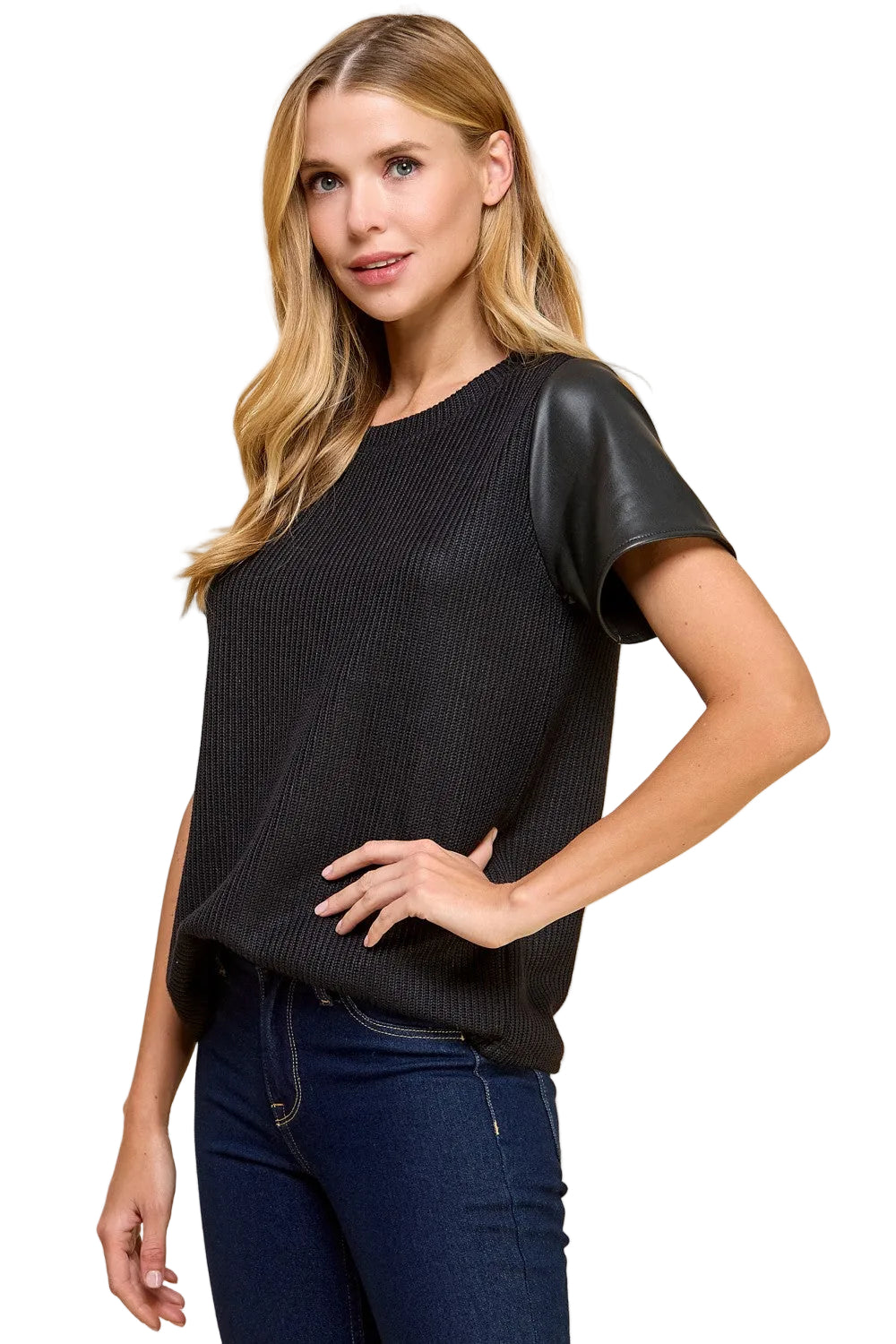 Women's Knit Solid Top with Short Faux Leather Sleeves 
