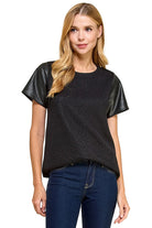 Women's Knit Solid Top with Short Faux Leather Sleeves 