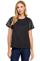 Women's Knit Solid Top with Short Faux Leather Sleeves 