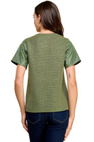 Women's Knit Solid Top with Short Faux Leather Sleeves 