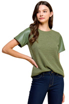 Women's Knit Solid Top with Short Faux Leather Sleeves 