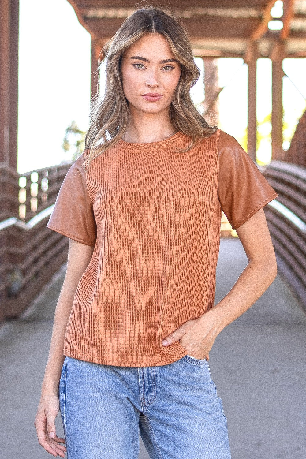 Women's Knit Solid Top with Short Faux Leather Sleeves 